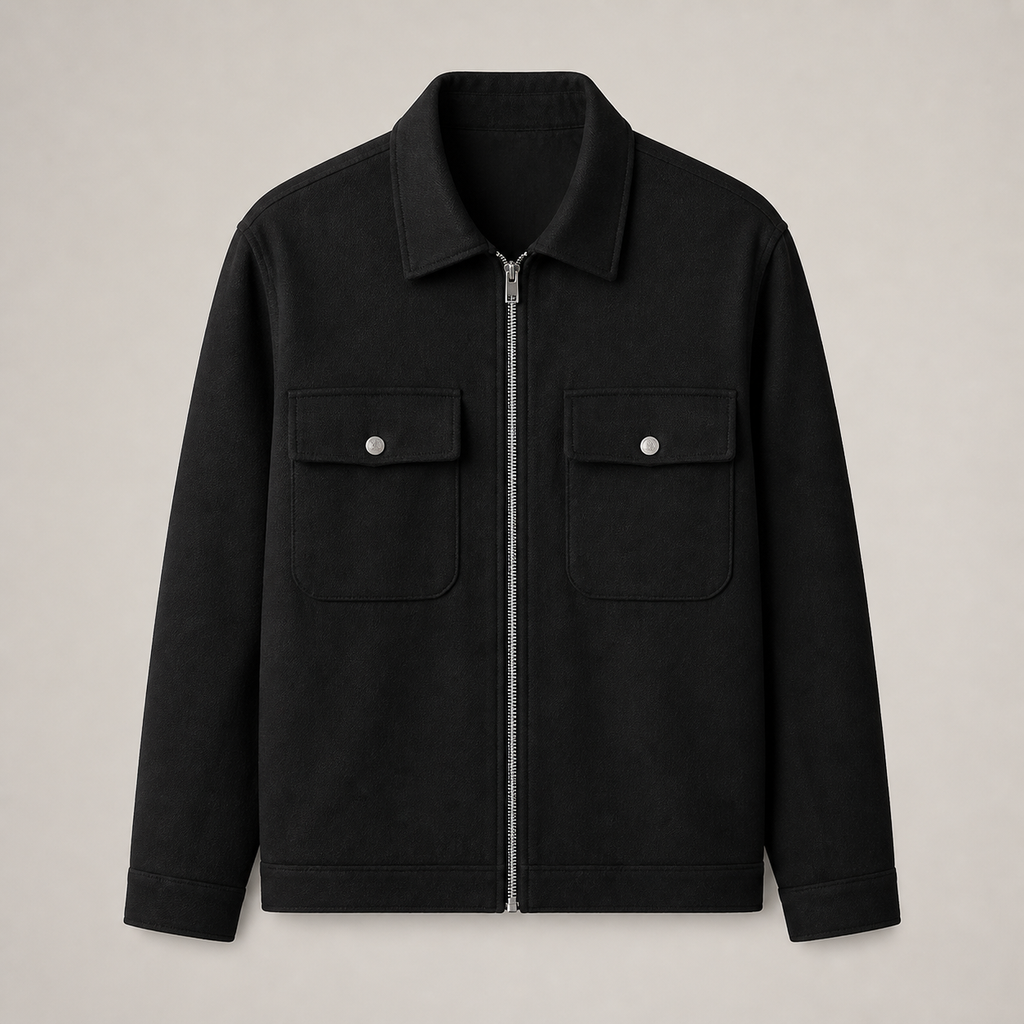 Black men's cargo jacket displayed straight on against a plain studio background.