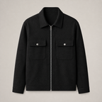 Black men's cargo jacket displayed straight on against a plain studio background.