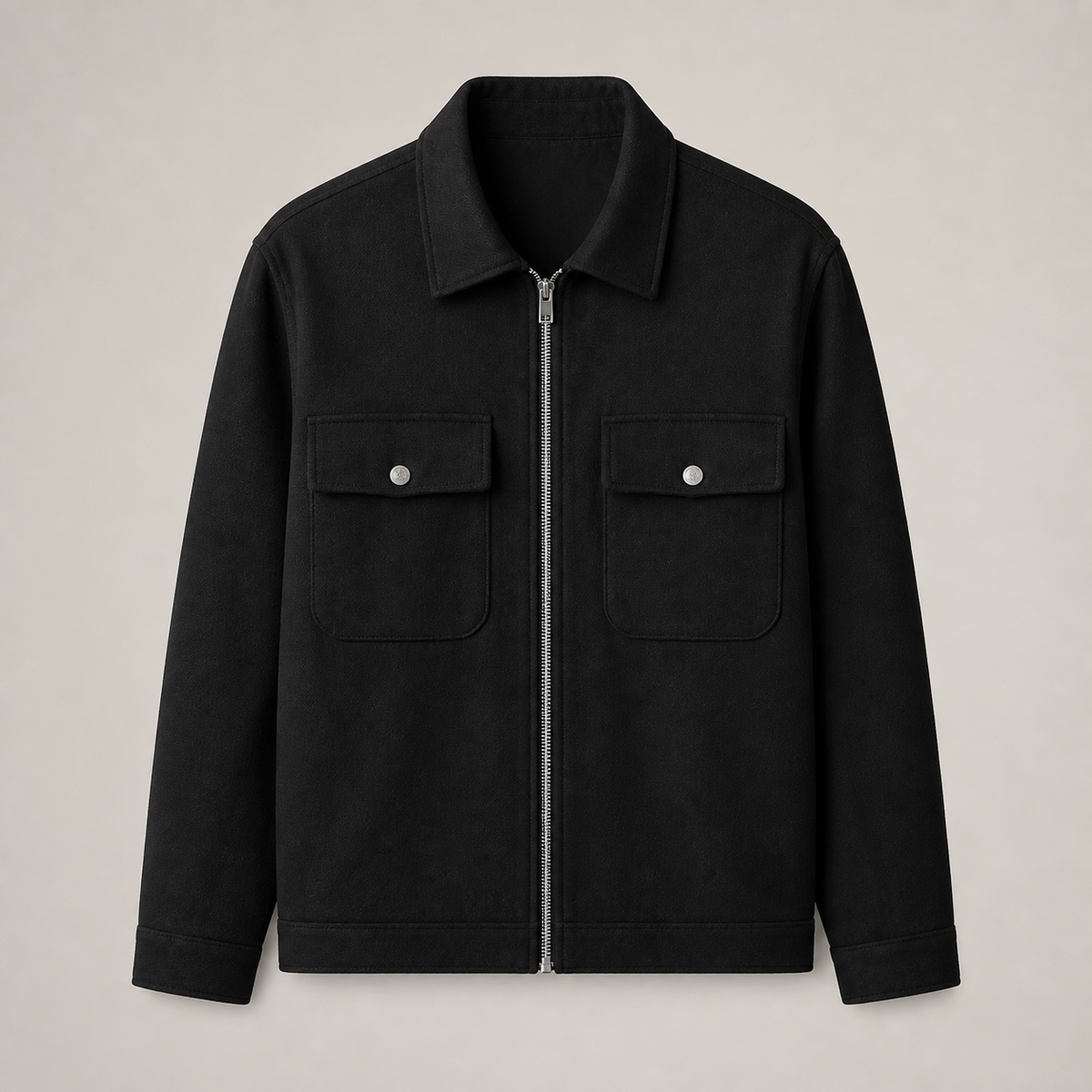 Black men's cargo jacket displayed straight on against a plain studio background.