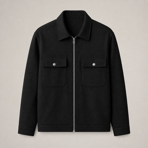 Black men's cargo jacket displayed straight on against a plain studio background.