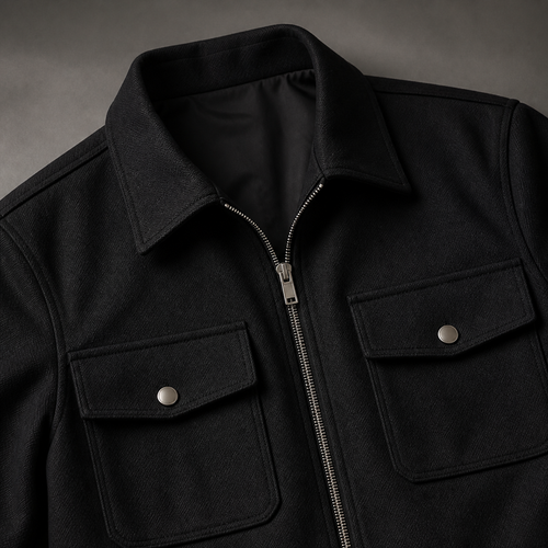 Close view of the black men's cargo jacket showing its neckline and distinctive surface texture.