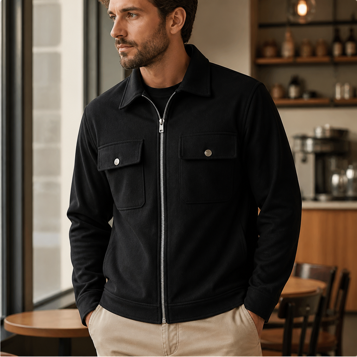 Man wearing the black men's cargo jacket in a softly lit US cafe.