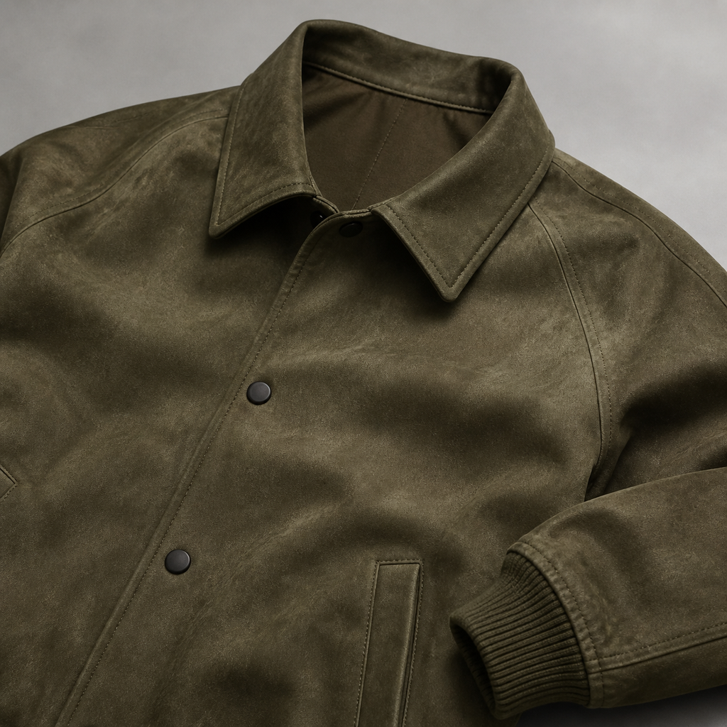 Close view of the military green men's casual jacket showing its neckline and distinctive surface texture.