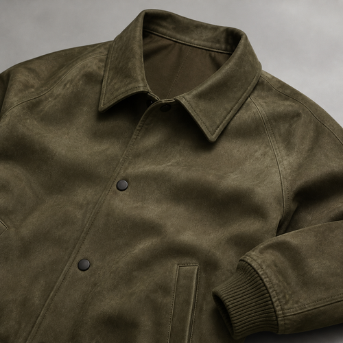 Close view of the military green men's casual jacket showing its neckline and distinctive surface texture.