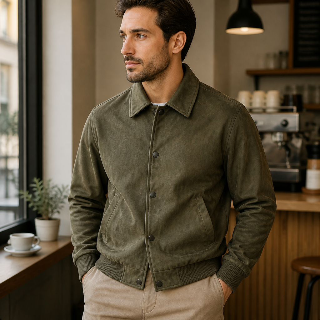 Man wearing the military green men's casual jacket in a softly lit US cafe.