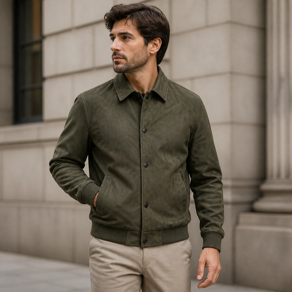 Man styling the military green men's casual jacket on a quiet US city street.