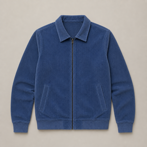 Haze Blue men's corduroy jacket displayed straight on against a plain studio background.
