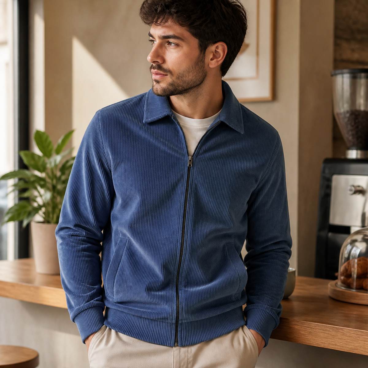 Man wearing the haze blue men's corduroy jacket in a softly lit US cafe.