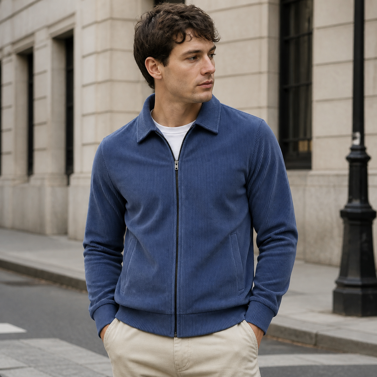 Man styling the haze blue men's corduroy jacket on a quiet US city street.