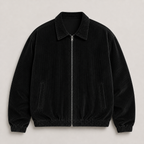 Black men's corduroy jacket displayed straight on against a plain studio background.