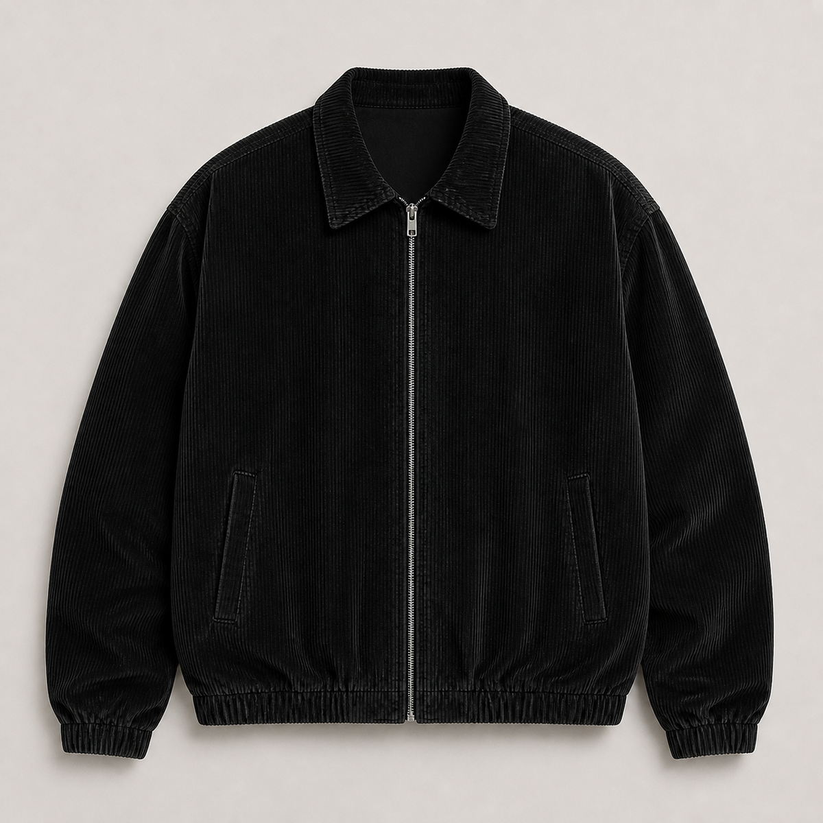 Black men's corduroy jacket displayed straight on against a plain studio background.