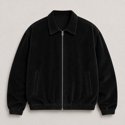 Black men's corduroy jacket displayed straight on against a plain studio background.
