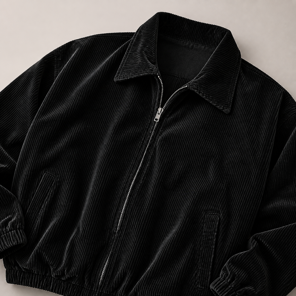 Close view of the black men's corduroy jacket showing its neckline and distinctive surface texture.