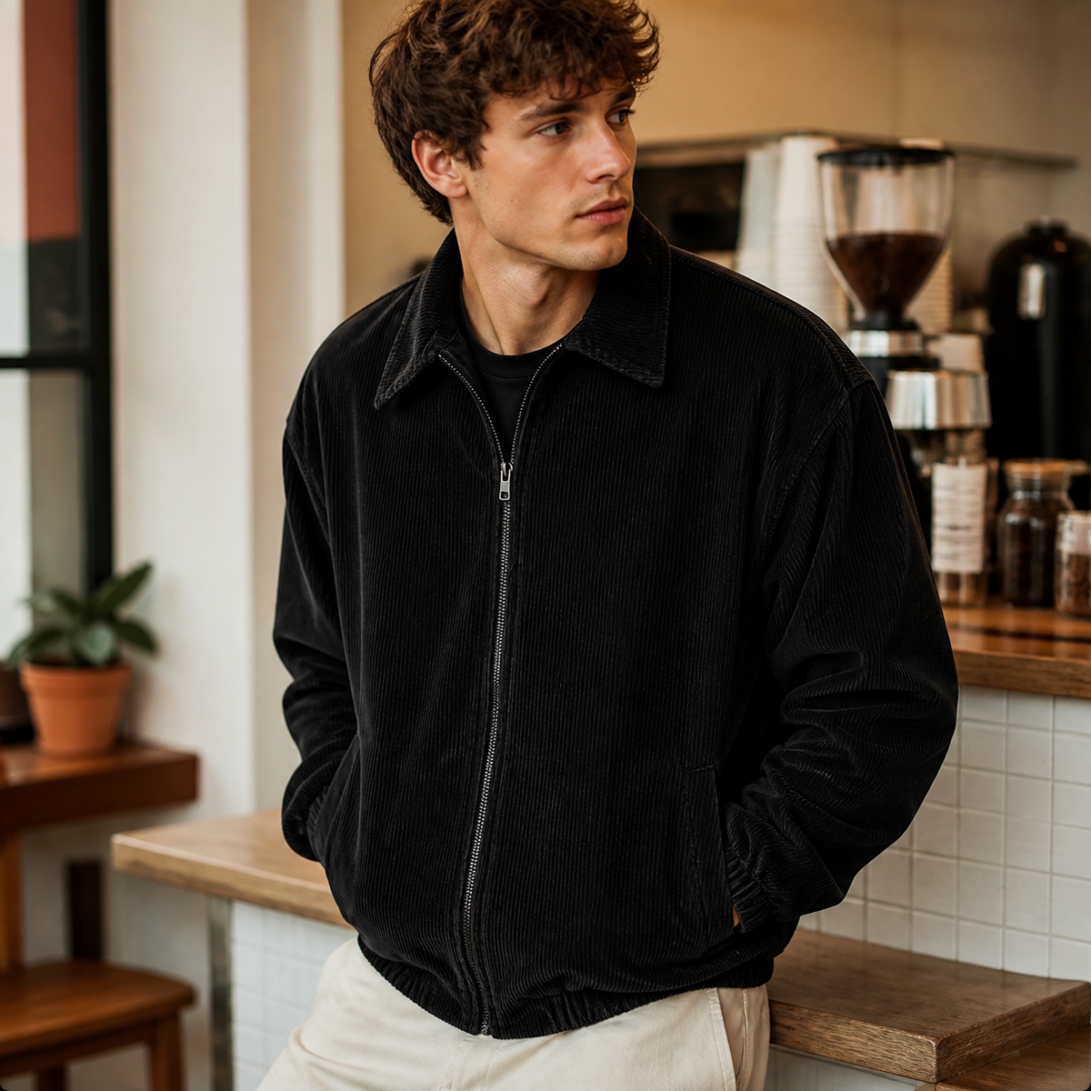 Man wearing the black men's corduroy jacket in a softly lit US cafe.