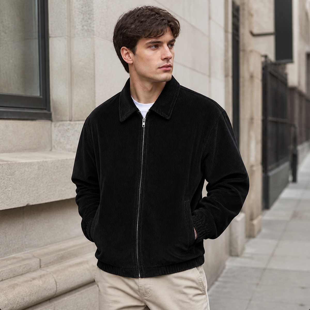 Man styling the black men's corduroy jacket on a quiet US city street.