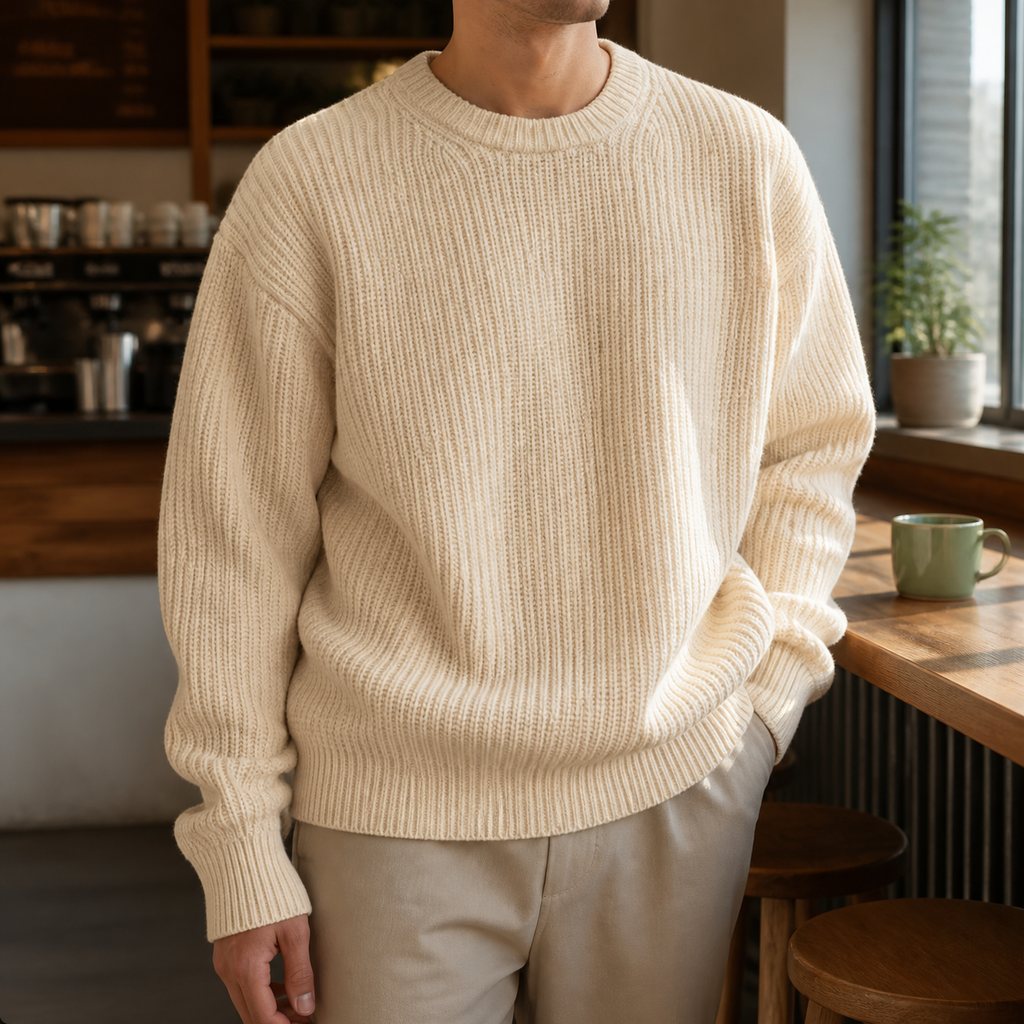Man wearing the light yellow men's crewneck sweater in a softly lit US cafe.