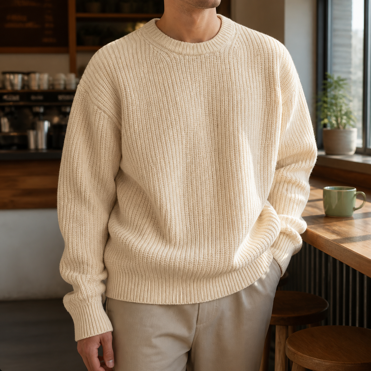 Man wearing the light yellow men's crewneck sweater in a softly lit US cafe.