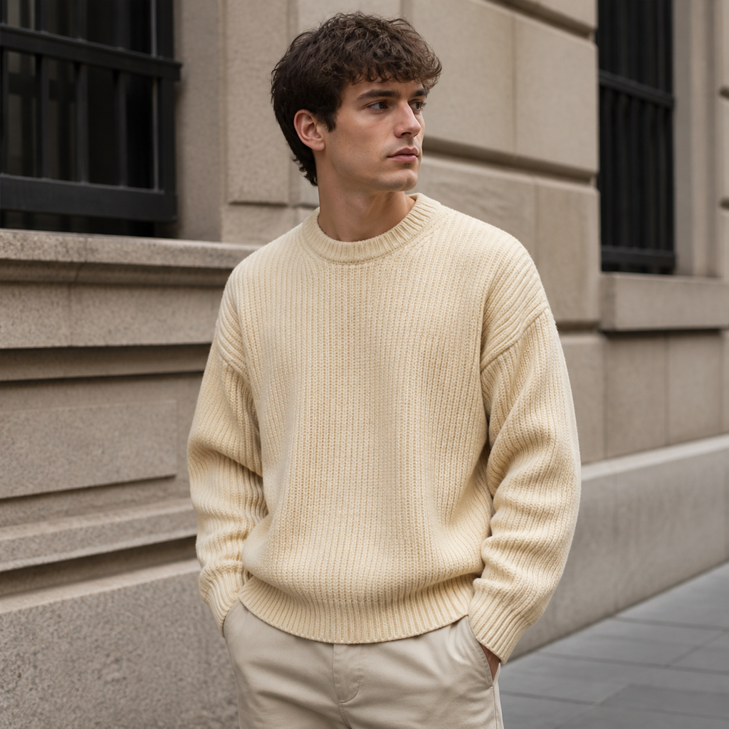 Man styling the light yellow men's crewneck sweater on a quiet US city street.