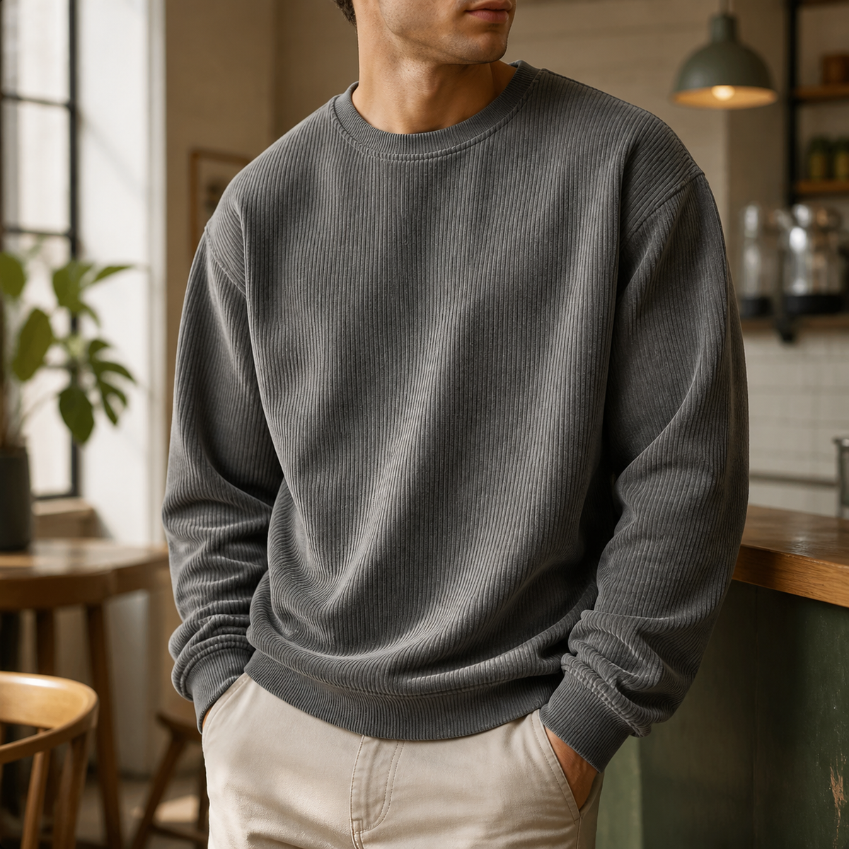 Man wearing the grey men's crewneck sweatshirt in a softly lit US cafe.