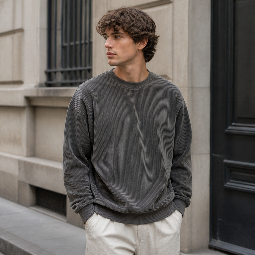 Man styling the grey men's crewneck sweatshirt on a quiet US city street.