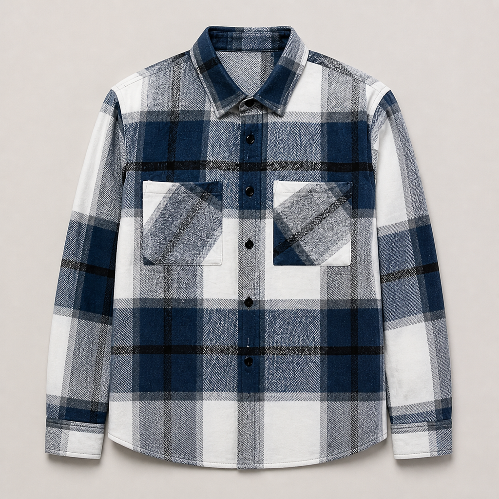 Blue men's flannel shirt jacket displayed straight on against a plain studio background.
