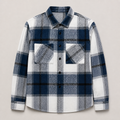 Blue men's flannel shirt jacket displayed straight on against a plain studio background.