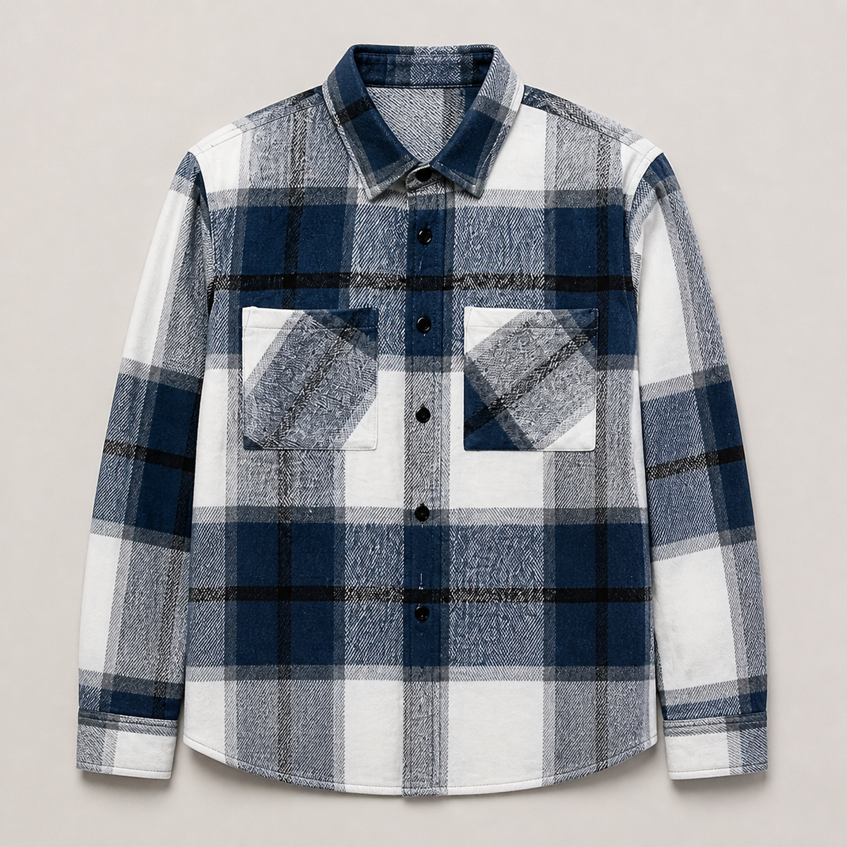 Blue men's flannel shirt jacket displayed straight on against a plain studio background.