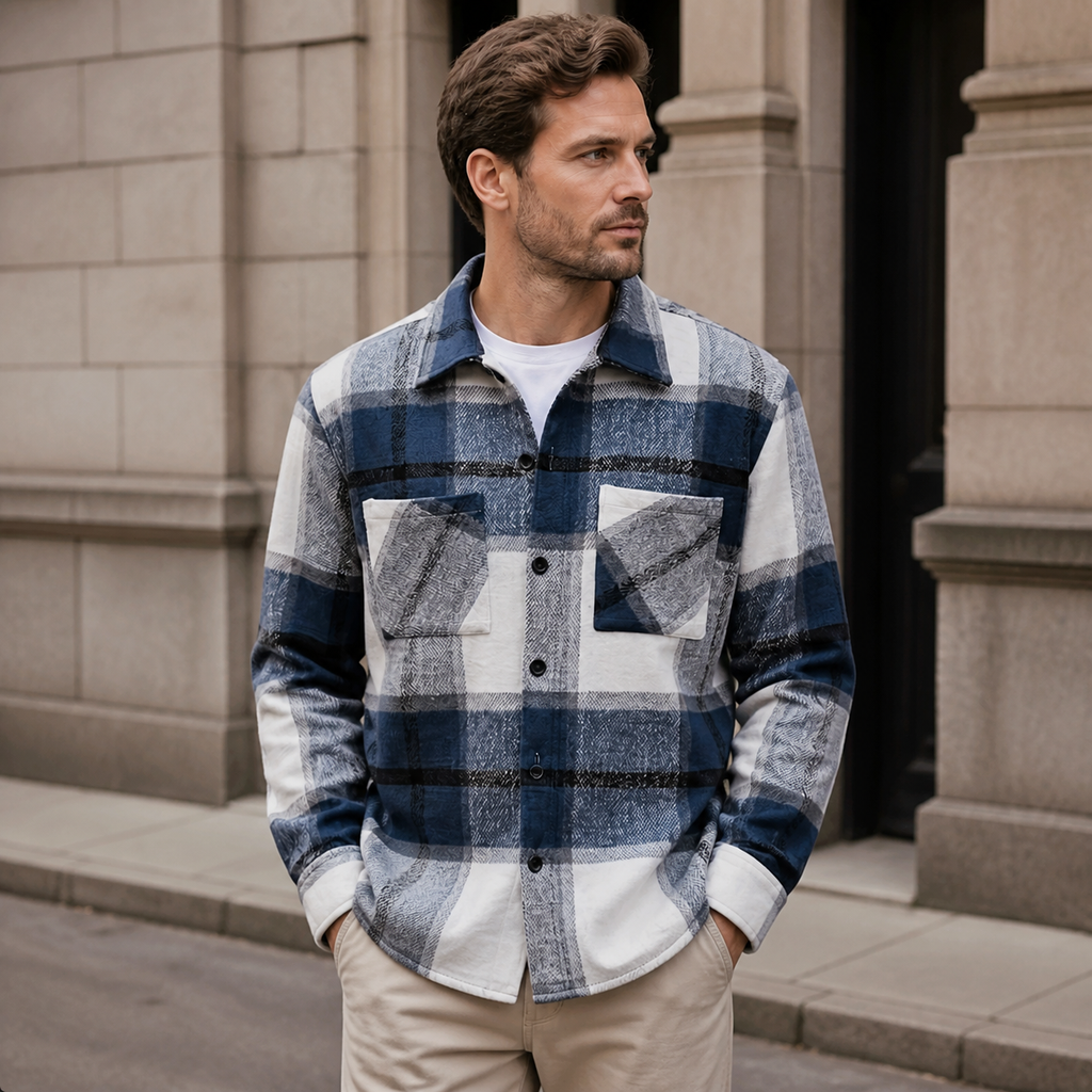 Man styling the blue men's flannel shirt jacket on a quiet US city street.