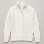 White men's half zip sweater displayed straight on against a plain studio background.