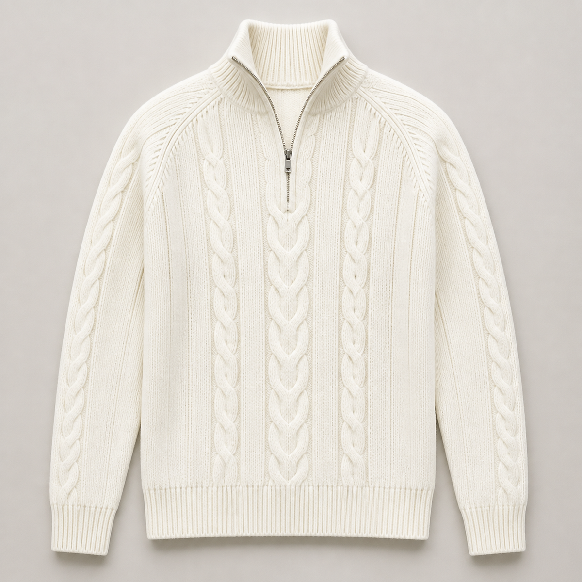 White men's half zip sweater displayed straight on against a plain studio background.
