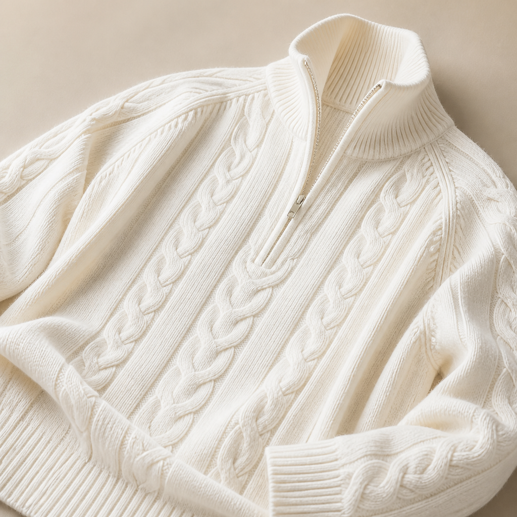 Close view of the white men's half zip sweater showing its neckline and distinctive surface texture.