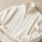 Close view of the white men's half zip sweater showing its neckline and distinctive surface texture.