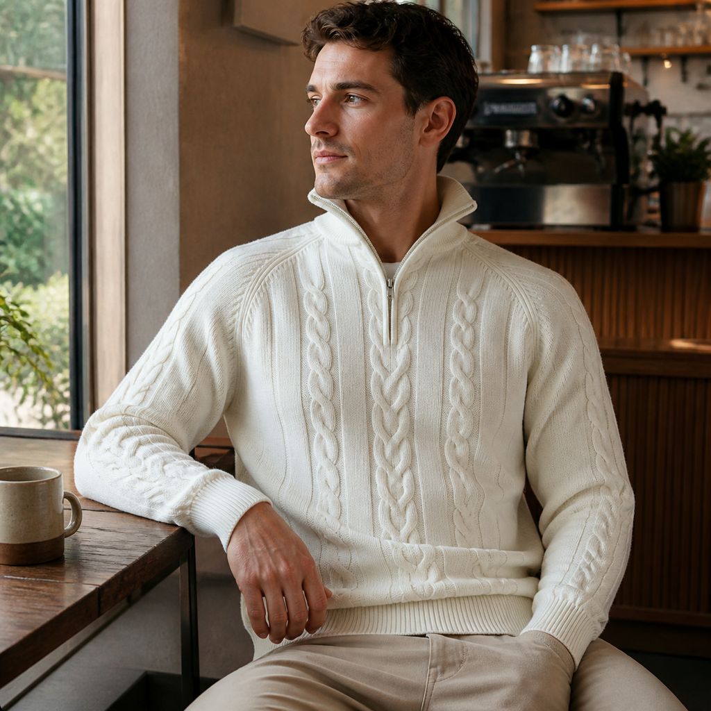 Man wearing the white men's half zip sweater in a softly lit US cafe.