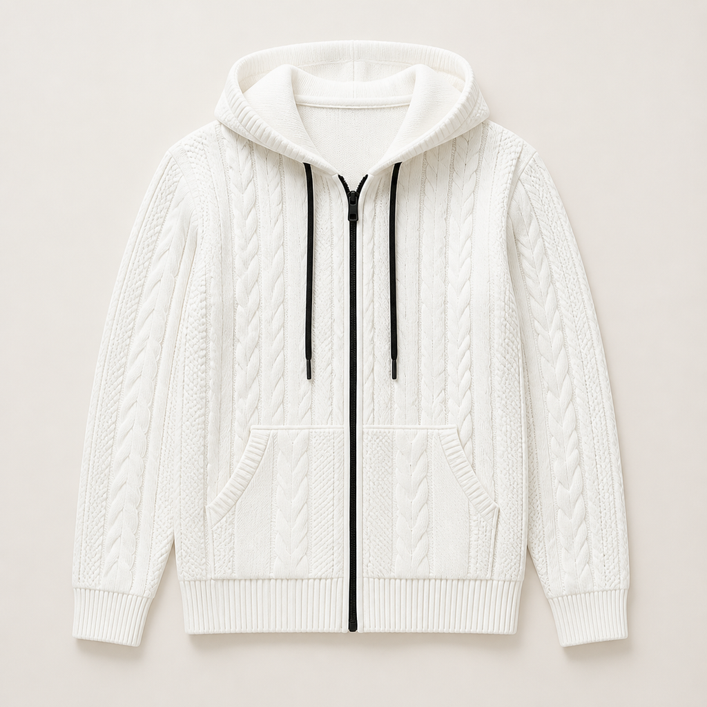 White men's hooded cardigan displayed straight on against a plain studio background.