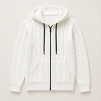 White men's hooded cardigan displayed straight on against a plain studio background.