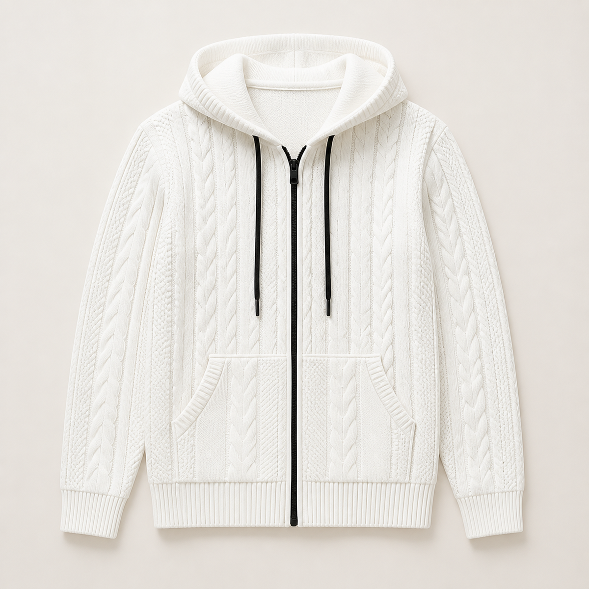 White men's hooded cardigan displayed straight on against a plain studio background.