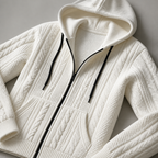 Close view of the white men's hooded cardigan showing its neckline and distinctive surface texture.