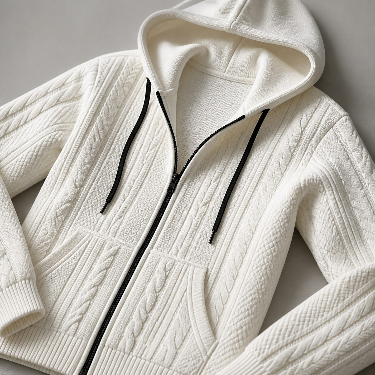 Close view of the white men's hooded cardigan showing its neckline and distinctive surface texture.