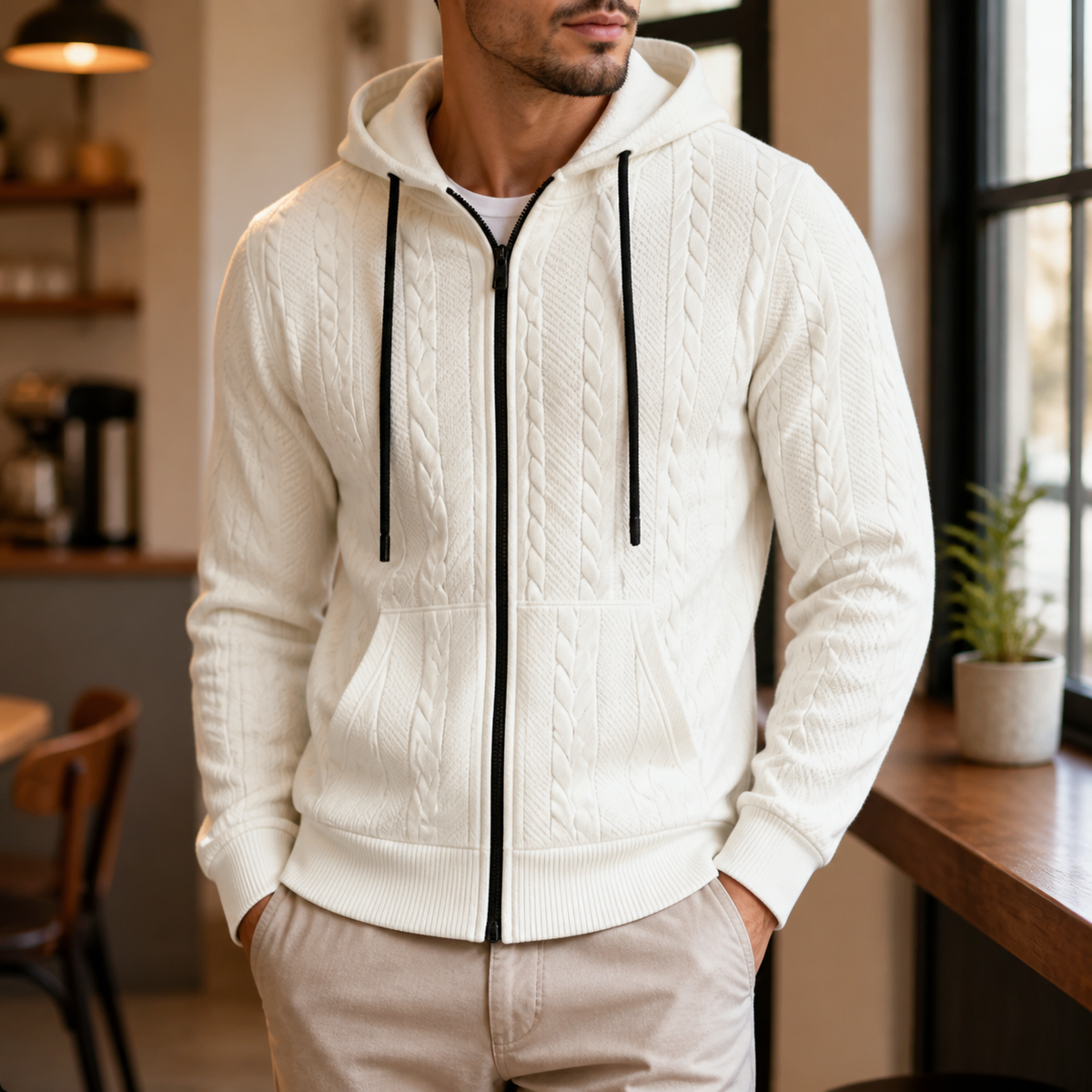 Man wearing the white men's hooded cardigan in a softly lit US cafe.