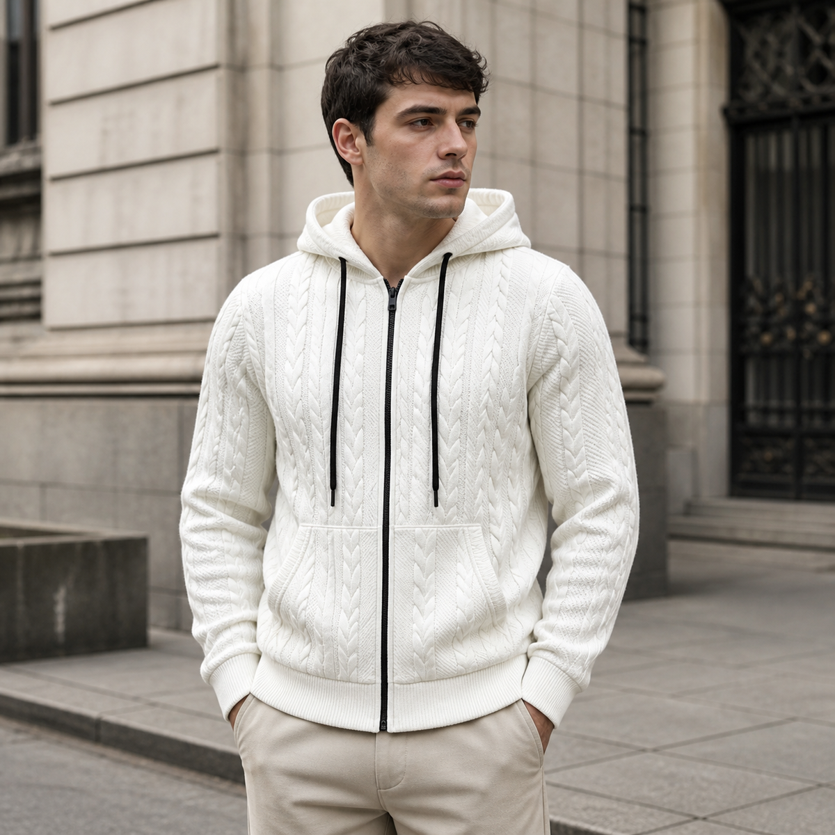 Man styling the white men's hooded cardigan on a quiet US city street.