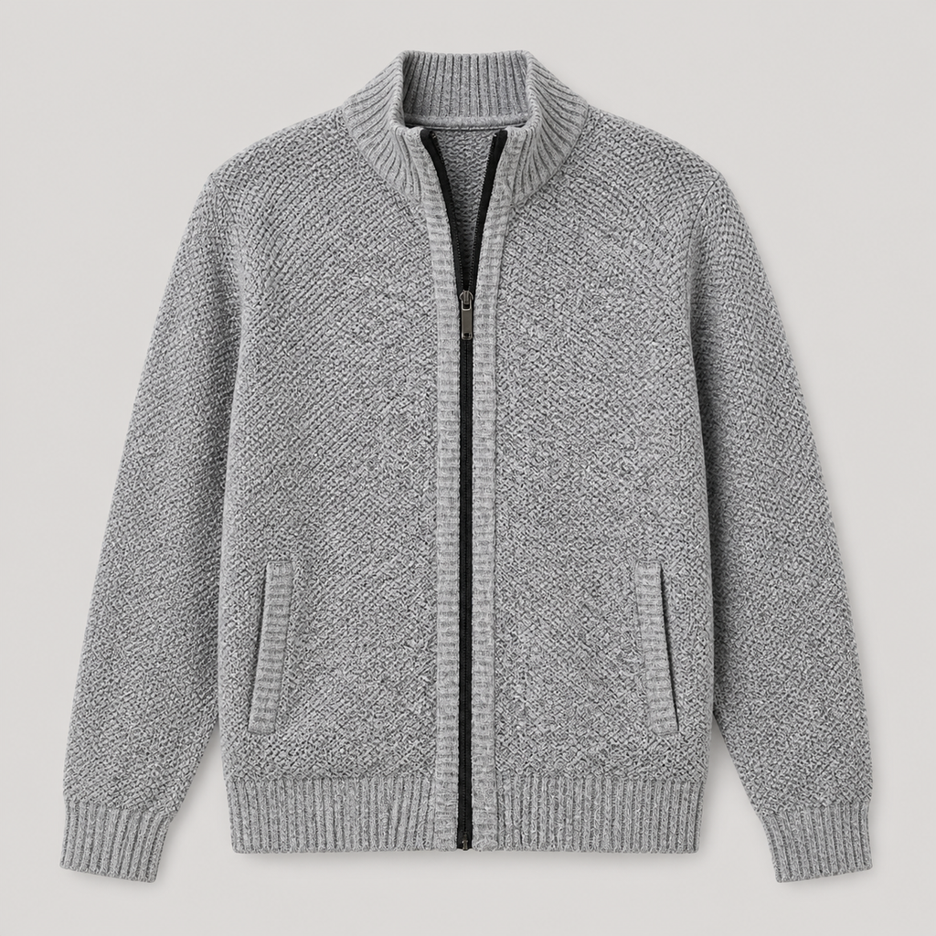 Light Grey men's knit cardigan jacket displayed straight on against a plain studio background.