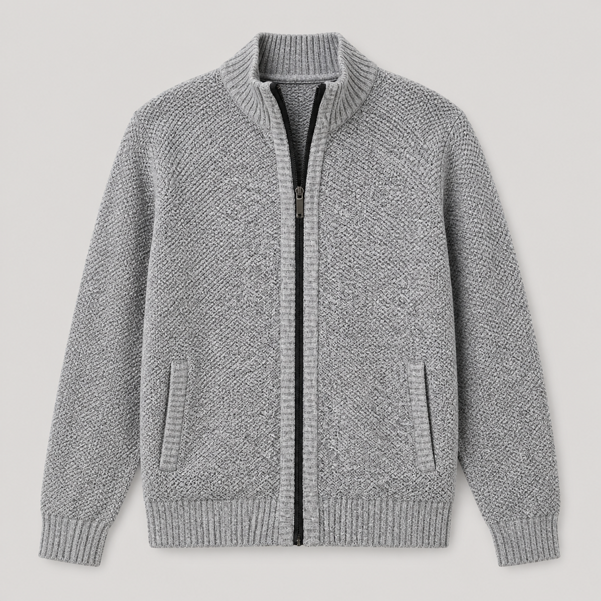 Light Grey men's knit cardigan jacket displayed straight on against a plain studio background.