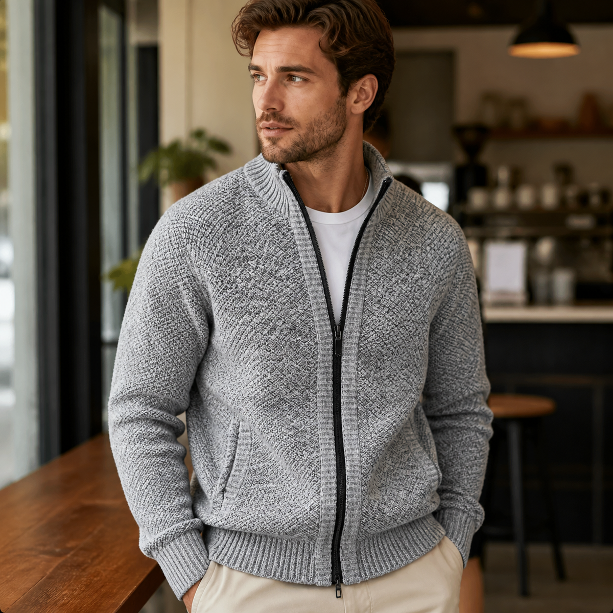 Man wearing the light grey men's knit cardigan jacket in a softly lit US cafe.