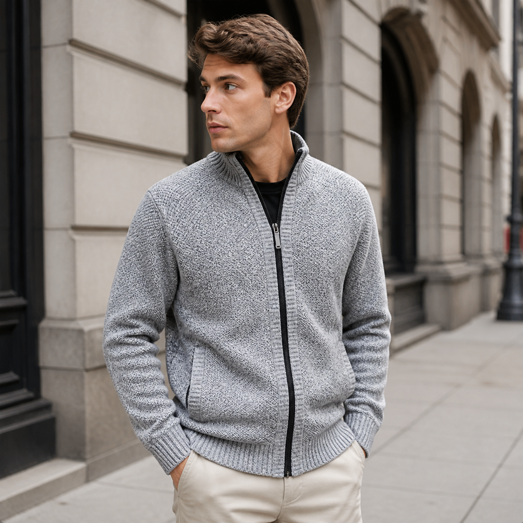 Man styling the light grey men's knit cardigan jacket on a quiet US city street.