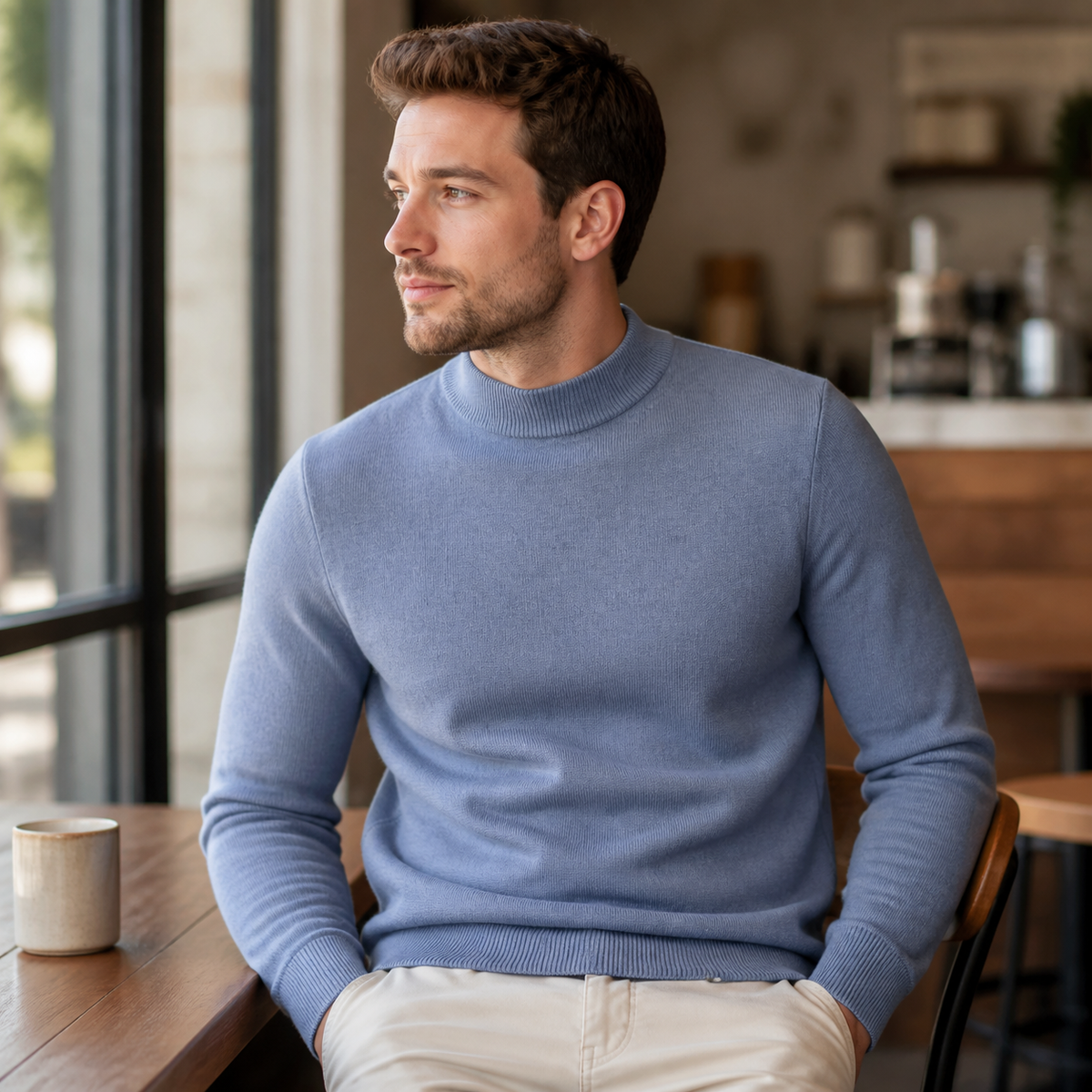 Man wearing the sea polish men's mock neck sweater in a softly lit US cafe.