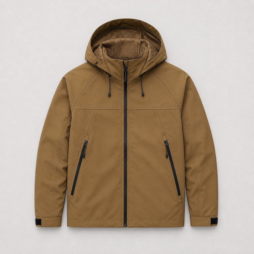 Khaki men's outdoor jacket displayed straight on against a plain studio background.