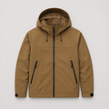 Khaki men's outdoor jacket displayed straight on against a plain studio background.