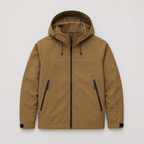 Khaki men's outdoor jacket displayed straight on against a plain studio background.