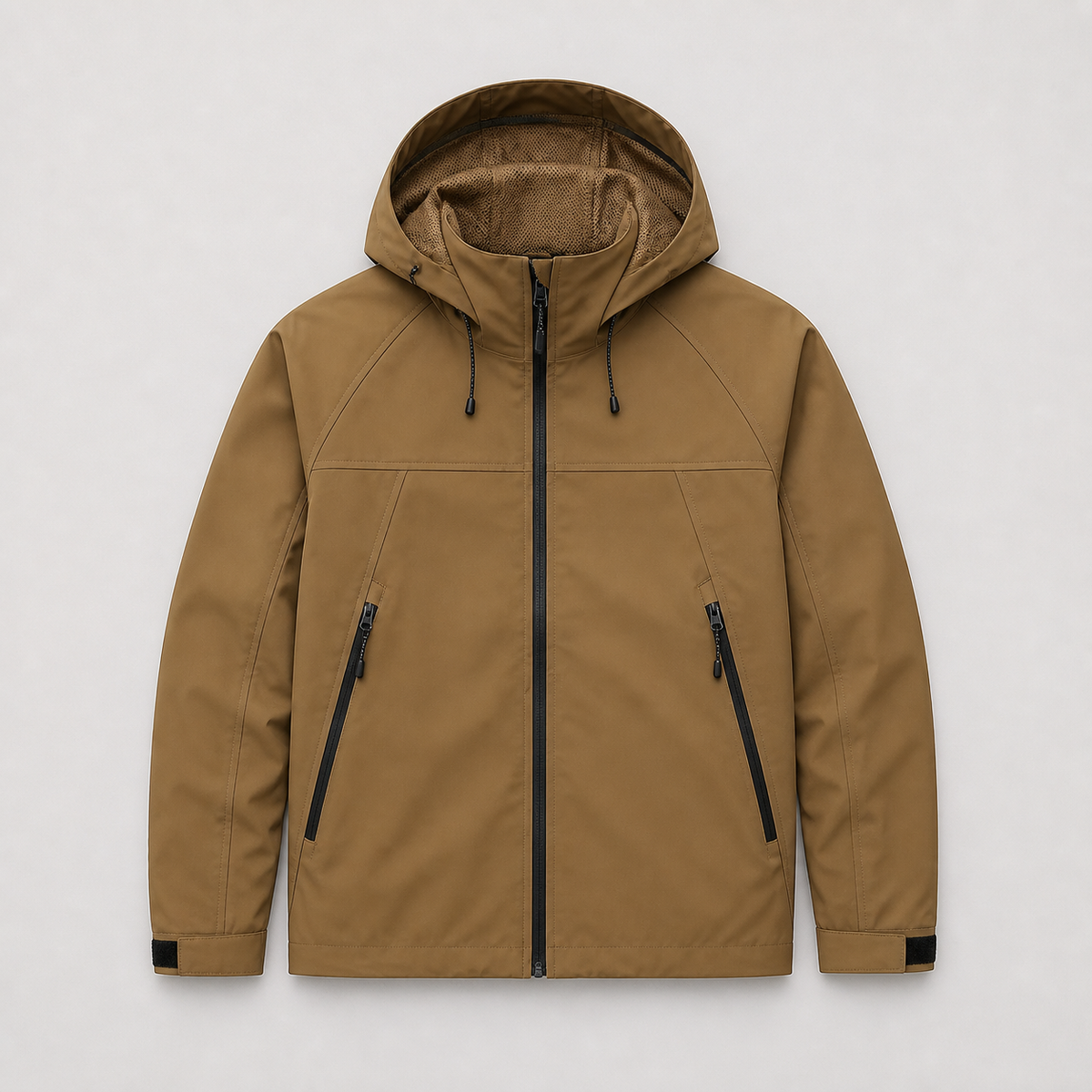 Khaki men's outdoor jacket displayed straight on against a plain studio background.