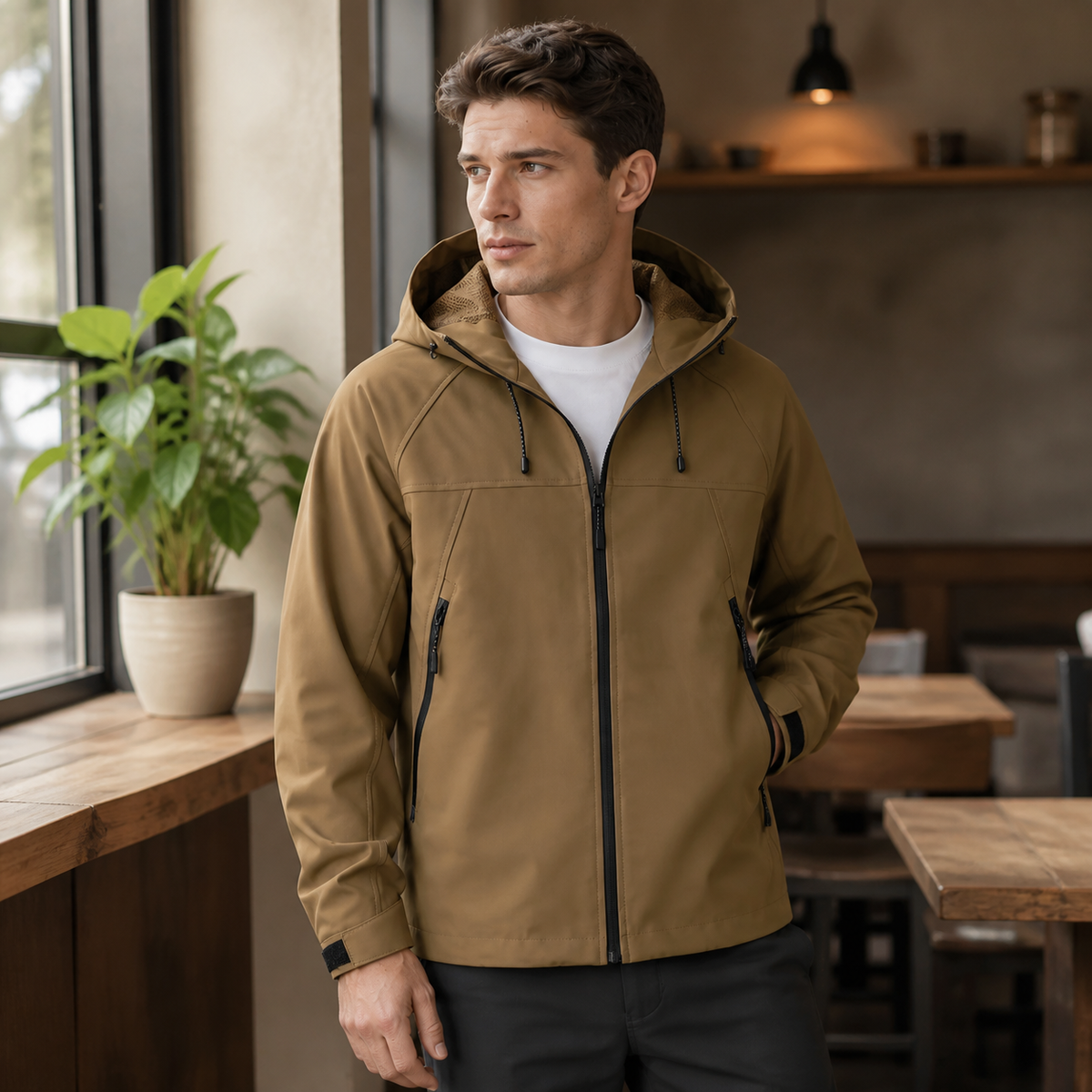Man wearing the khaki men's outdoor jacket in a softly lit US cafe.